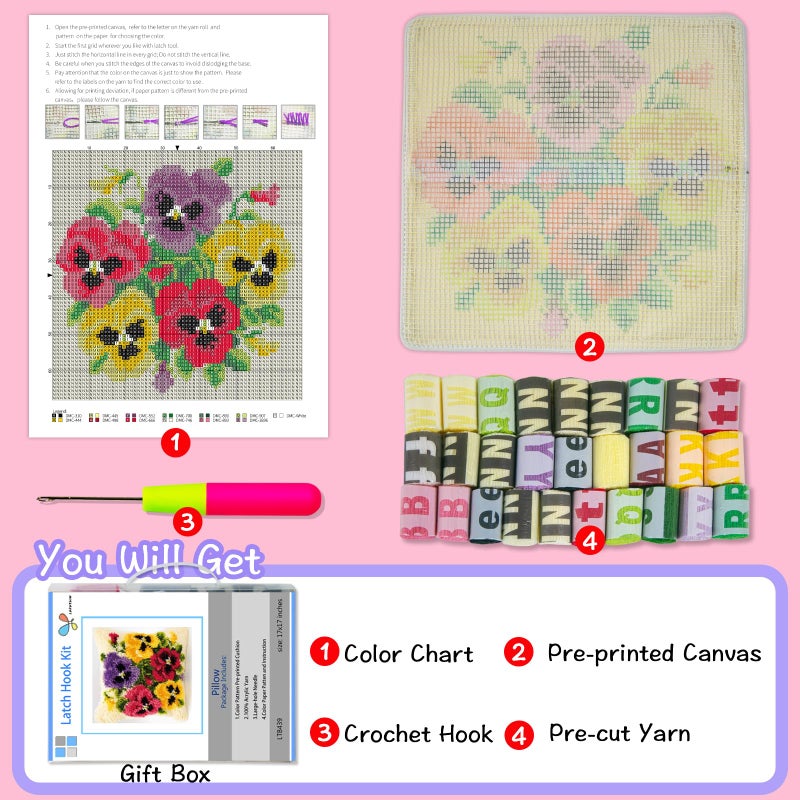 LAPATAIN Latch Hook Kits for DIY Throw Pillow Cover,Needlework Cushion Cover Hand Craft Crochet 17X17inch(Color Flower) - Image 2